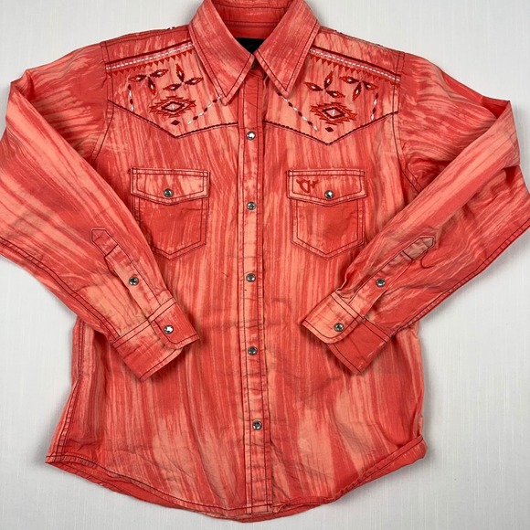 Cowgirl Hardware Tops - Cowgirl Hardware Women Orange Acid Wash Embroidered Western Snap Shirt Medium